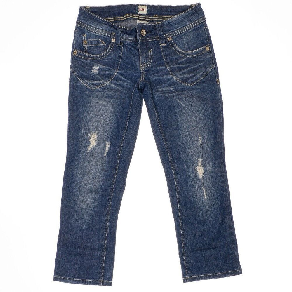 H2j Crop Capri Jeans Size 3/4 Juniors Distressed Blue Low Waist Measures 27x22.5